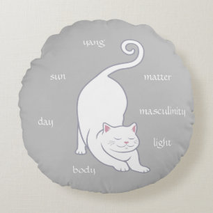Coussins Ronds Chat blanc yoga et texte sur gris argenté