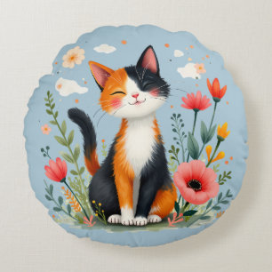Coussins Ronds Chat calicot souriant dans un jardin en fleurs