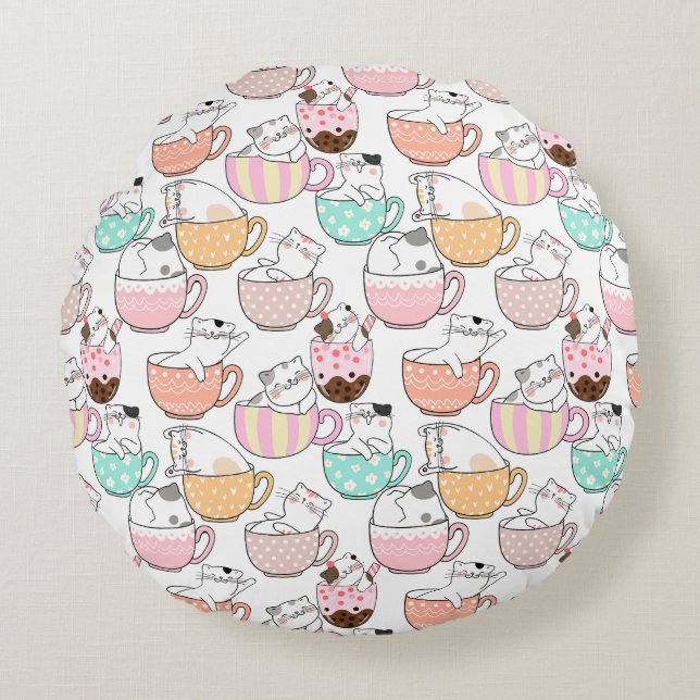 Coussins Ronds Chat dans une tasse Design motif 01 w (Devant)