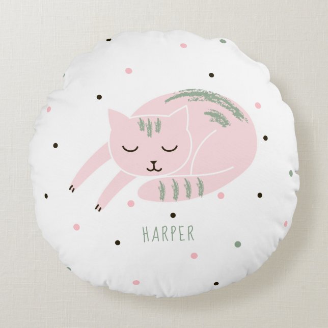 Coussins Ronds Chat dormant rose personnalisé (Devant)