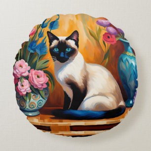 Coussins Ronds Chat et bouquets siamois dans Vases aquarelle