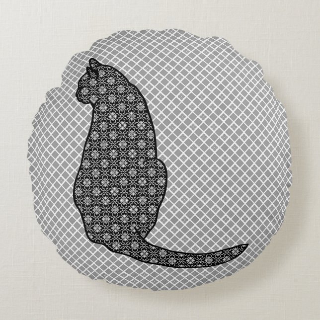 Coussins Ronds Chat japonais - Kimono noir et blanc (Devant)