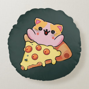 Coussins Ronds Chat Mignon Kawaii Enlaçant une Pizza au Pepperoni