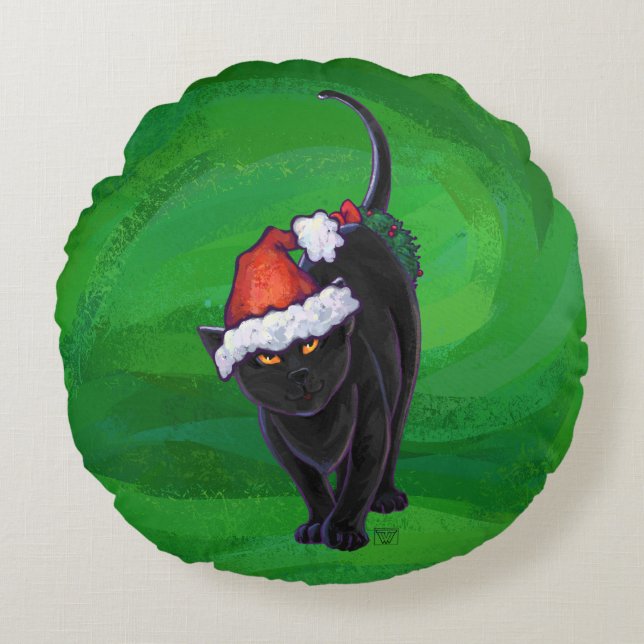 Coussins Ronds Chat noir de Noël en vert (Devant)