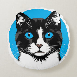 Coussins Ronds Chat noir et blanc aux yeux bleus