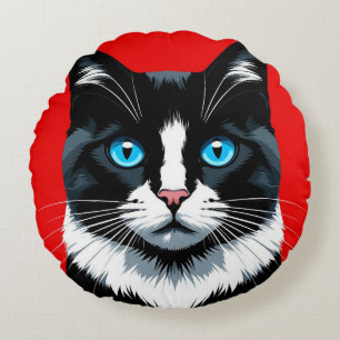 Coussins Ronds Chat noir et blanc aux yeux bleus vifs