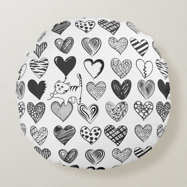Coussins Ronds Chat noir et blanc et Motif de coeur (Devant)