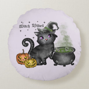 Coussins Ronds Chat noir sorcière Vibes sorcières