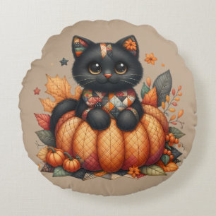 Coussins Ronds Chat noir sur Citrouille avec Motif de courtepoint