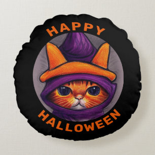 Coussins Ronds Chat orange avec sorcière violette Casquette Bonne