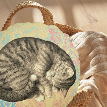 Chat roulé en boule endormi sur courtepointe migno