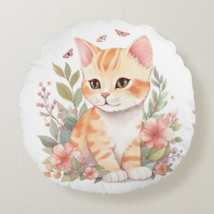 Coussins Ronds Chaton écaille orange douce aquarelle avec fleurs