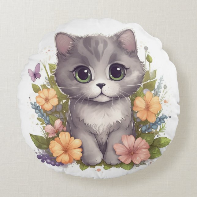 Coussins Ronds Chaton gris doux avec fleurs Kawaii Chibi (Devant)