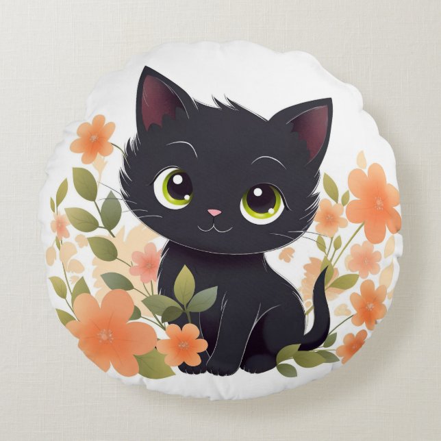 Coussins Ronds Chaton noir doux avec fleurs Kawaii Chibi (Devant)