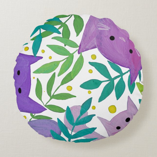 Coussins Ronds Chats et branches - violet et vert (Devant)
