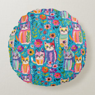 Coussins Ronds Chats et fleurs colorés Whimsical Happy