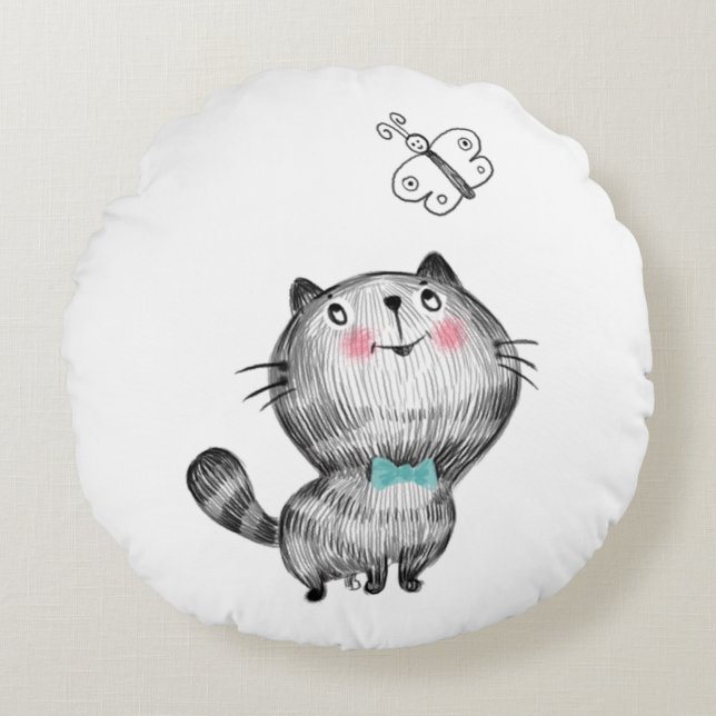 Coussins Ronds Chats mignons et papillons (Devant)