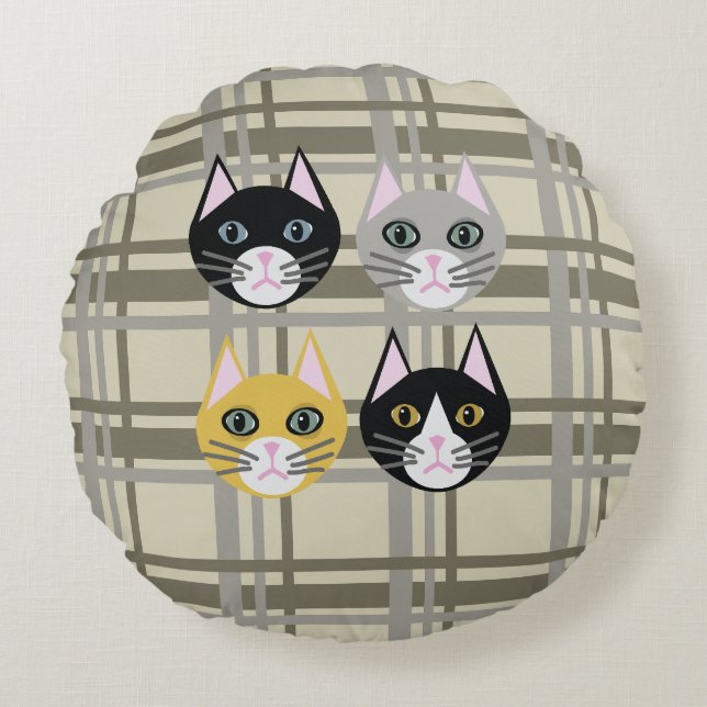 Coussins Ronds Chats plaid gris/crème (Devant)