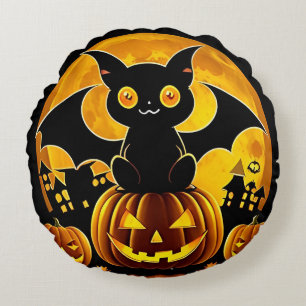 Coussins Ronds Chauve-souris de dessin animé et citrouilles sous
