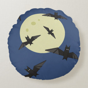 Coussins Ronds Chauves-souris d'Halloween volant avec la lune
