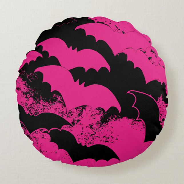 Coussins Ronds Chauves-souris noires en vol rose (Devant)