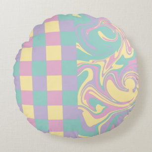 Coussins Ronds Chèques et perles Pastel Rose, Jaune, Violet & Ver