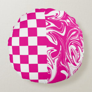 Coussins Ronds Chèques et permules en Magenta et Blanc