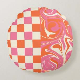 Coussins Ronds Chèques et tourbillons - rose, orange et crème