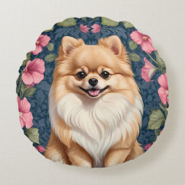 Coussins Ronds Cher Chien Poméranien Avec Pétunias Rose