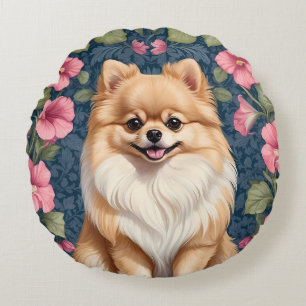 Coussins Ronds Cher Chien Poméranien Avec Pétunias Rose