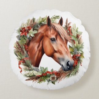 Coussins Ronds Cheval de châtaignier et couronne de Noël Aquarell