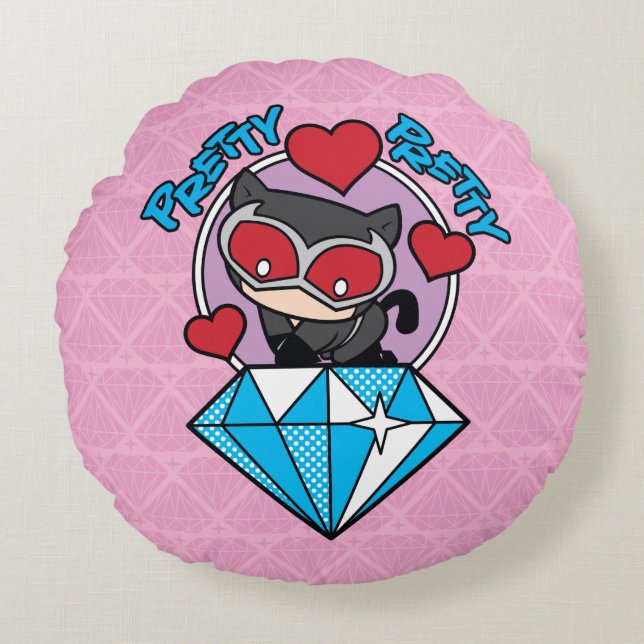 Coussins Ronds Chibi Catwoman assise Sur Le Grand Diamant (Devant)