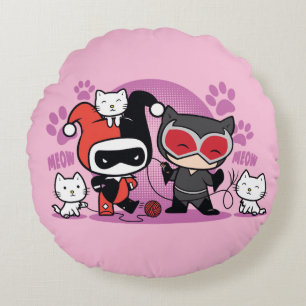 Coussins Ronds Chibi Harley Quinn & Chibi Catwoman Avec Chats