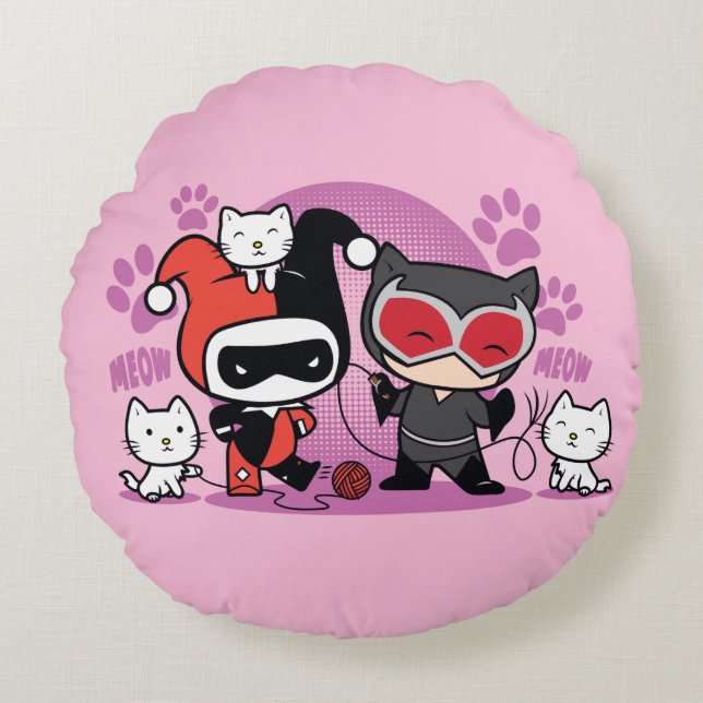 Coussins Ronds Chibi Harley Quinn & Chibi Catwoman Avec Chats (Devant)