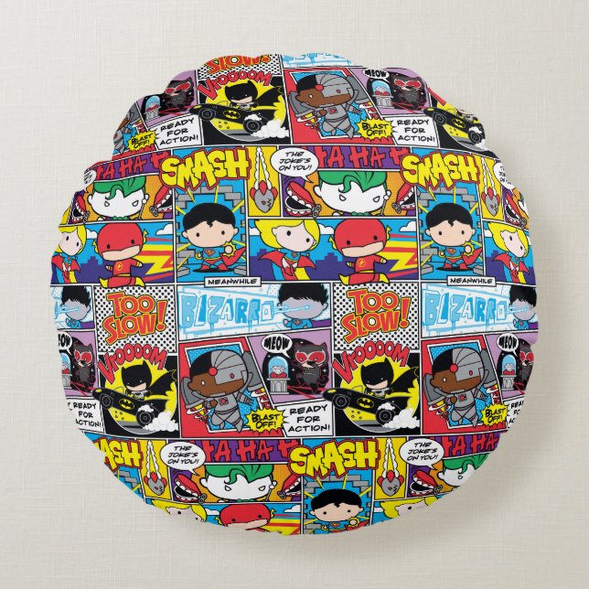 Coussins Ronds Chibi Justice League Motif de bande dessinée (Devant)