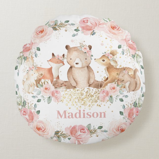 Coussins Ronds Chic Bois Animaux Pastel Blush Floral Gold    (Devant)