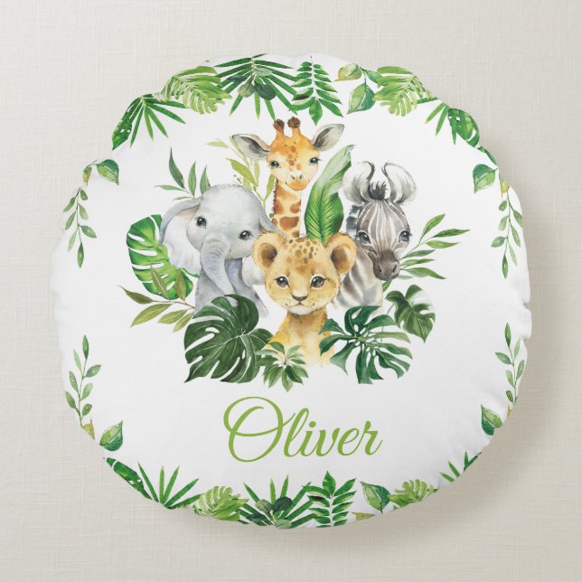 Coussins Ronds Chic Jungle Animaux Safari Vert Enfants Bébé (Devant)