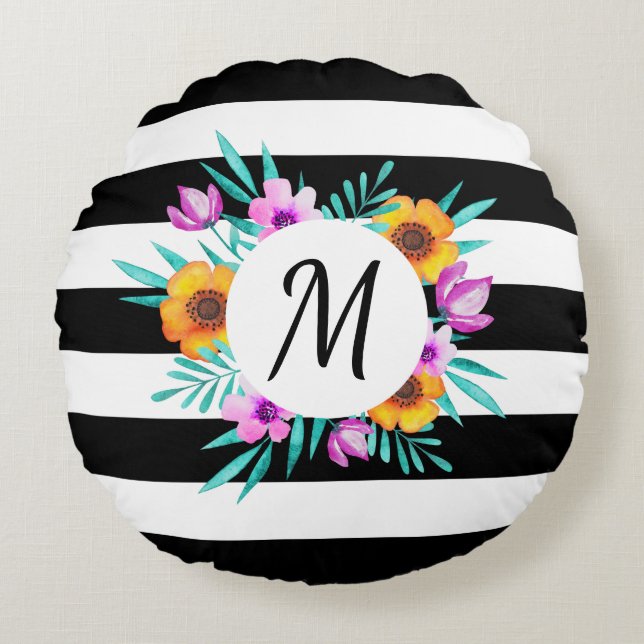 Coussins Ronds Chic noir blanc rayures Floral Custom Monogramme (Devant)