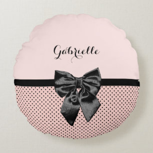 Coussins Ronds Chic Pois rose noir Bow et nom