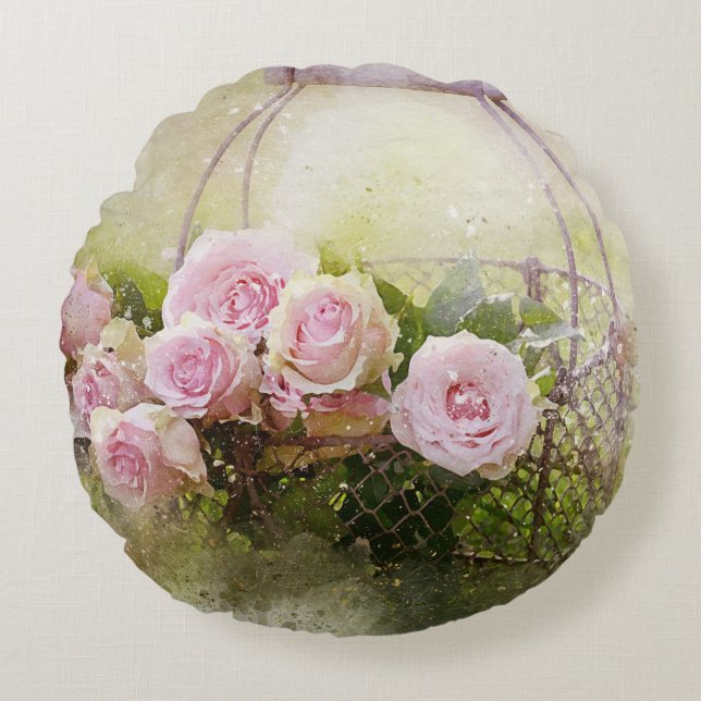 Coussins Ronds Chic Roses Rose Chic Chic Dans Panier Aquarelle (Devant)