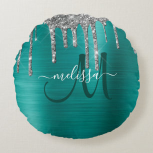 Coussins Ronds Chic Turquoise brossé Parties scintillant d'argen