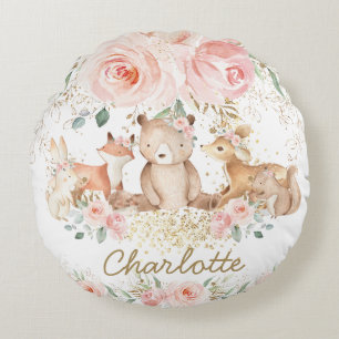 Coussins Ronds Chic Woodland Animals Blush Floral Girl