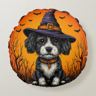 Coussins Ronds Chien adorable portant un chapeau de sorcière