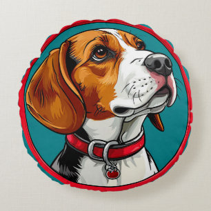 Coussins Ronds Chien Beagle avec un Collier Rouge