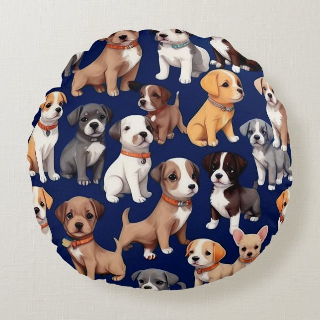 Coussins Ronds Chien Chien Chien bleu de la marine Design Motif (Devant)