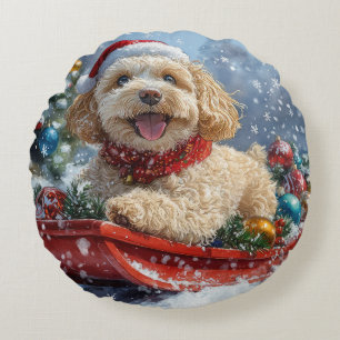 Coussins Ronds Chien Cockapoo dans un traîneau Laissez neige Noël
