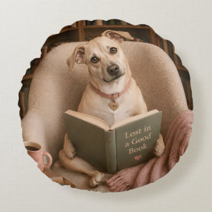 Coussins Ronds Chien de lecture mignon Illustration de bibliothèq