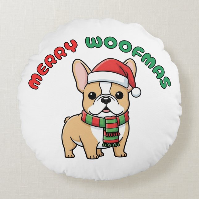 Coussins Ronds Chien de Noël Français : Joyeux Woofmas (Devant)