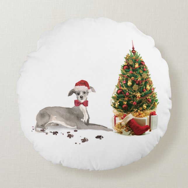 Coussins Ronds Chien de Noël italien Greyhound avec arbre (Devant)