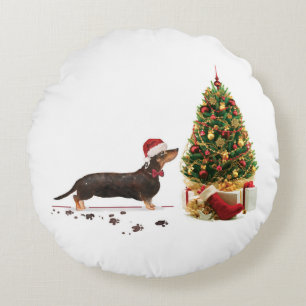 Coussins Ronds Chien de Noël noir et Tan Dachshund drôle